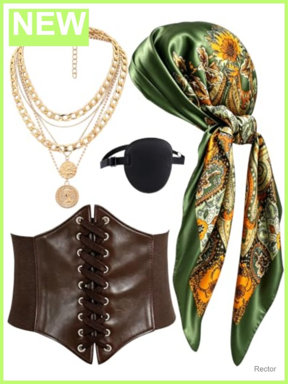 Pirate Costume Accessory Set Satin Scarf Eye Patch Corset Necklace 4 Pc